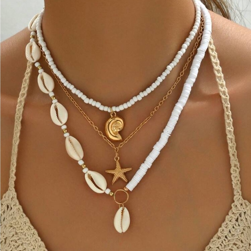 Layered White and Gold Beach Shell Necklace Set